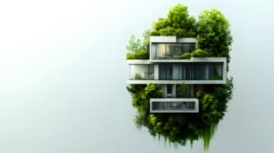 modernes Gebäude, das vollständig von Pflanzen und Bäumen umgeben ist und symbolisch für nachhaltige Architektur sowie die Verbindung von Bauwesen und Natur steht