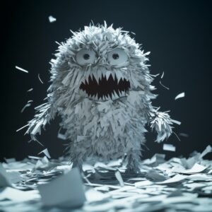 A paper monster, a comedic representation of paperwork stress, brought to life through generative AI.