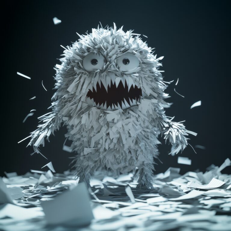 A paper monster, a comedic representation of paperwork stress, brought to life through generative AI.