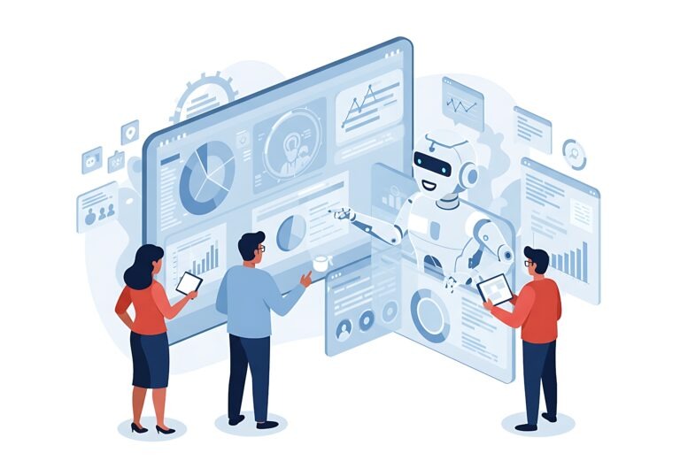 Four people are shown interacting with a robot that is present on a digital display screen, the display shows a variety of graphs and data visualizations.