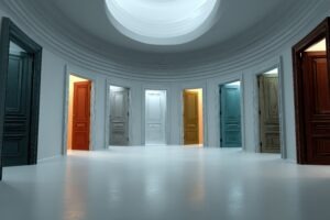 A bright circular room with a ring of various colored doors, suggesting choices and paths to different opportunities and possibilities, concept design, rendering.