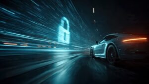 Car cybersecurity concept in a glowing digital network environment.