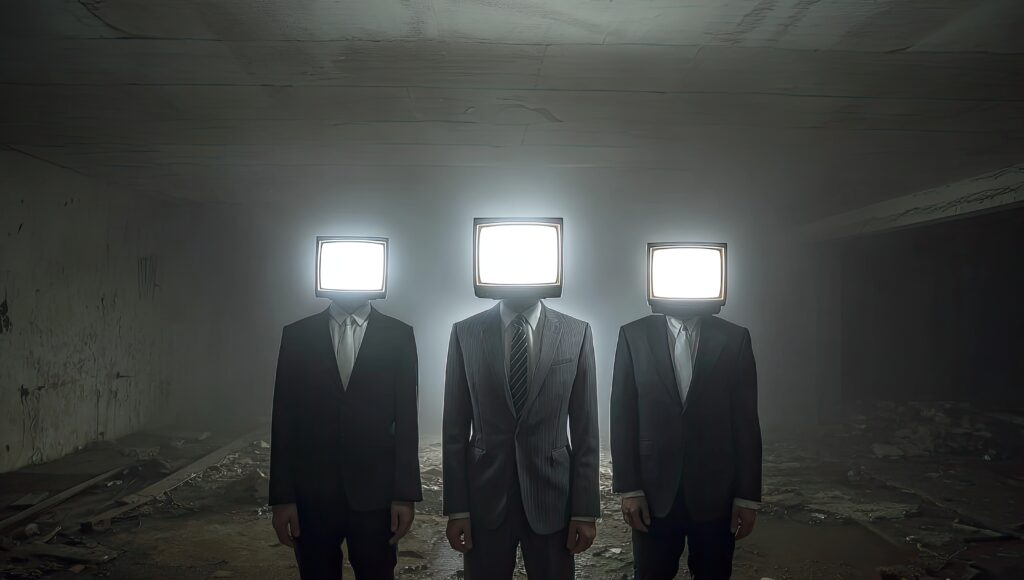 Three figures in suits with glowing televisions for heads stand in a dark, abandoned room