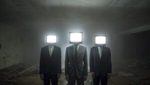 Three figures in suits with glowing televisions for heads stand in a dark, abandoned room