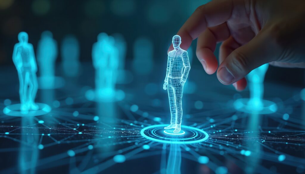 Hand selects digital hologram figure for optimal team placement. Futuristic hiring process uses tech for right employee choice. Human resources analysis builds, efficient workforce structure.