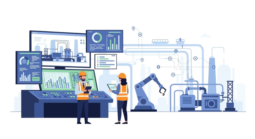 Engineers Monitor Smart Factory IIoT Control Panel, Data Analytics & Robotic Automation for Modern Industrial Manufacturing