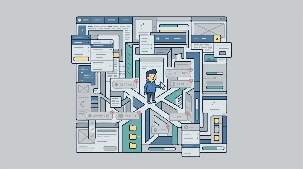 Business professional navigating complex digital labyrinth interface.