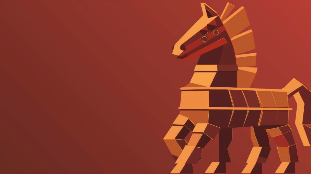 Geometric horse image in warm red and orange tones on a red background. Digital artwork of wooden trojan horse placed at red background. Modern abstract artwork concept for design and print. AIG53F.