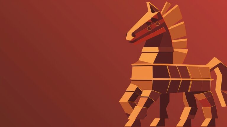 Geometric horse image in warm red and orange tones on a red background. Digital artwork of wooden trojan horse placed at red background. Modern abstract artwork concept for design and print. AIG53F.