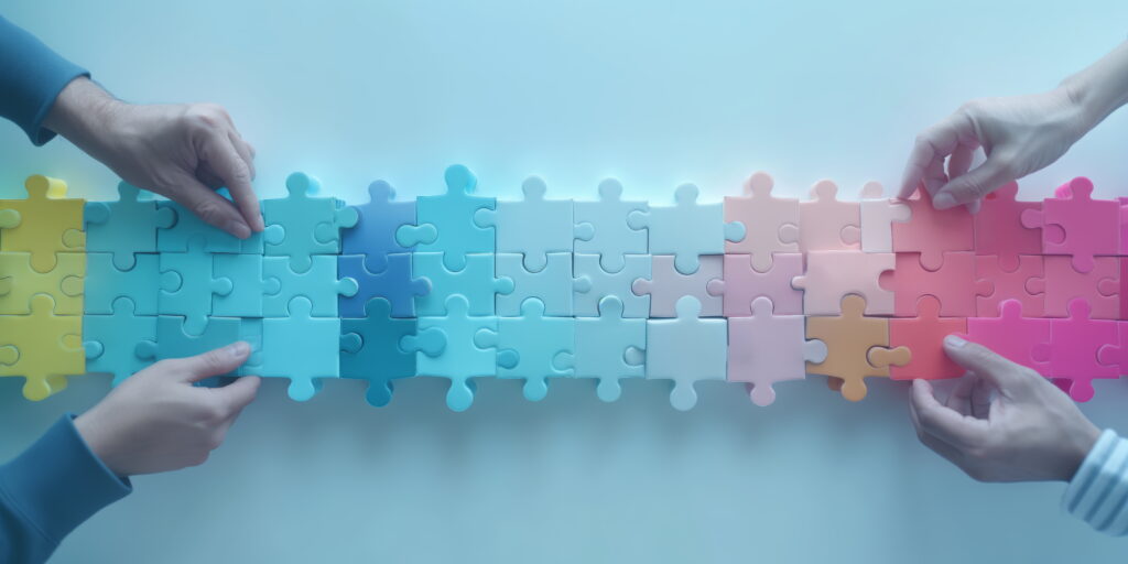 Elements, entities being linked. The concept of new values and technology forming a new society and a diverse flow and unity, teamwork. jigsaw collaboration