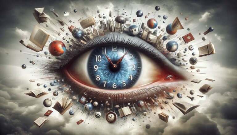 illustration of the human eye in which there is a clock pointing to the correct use of the time we have