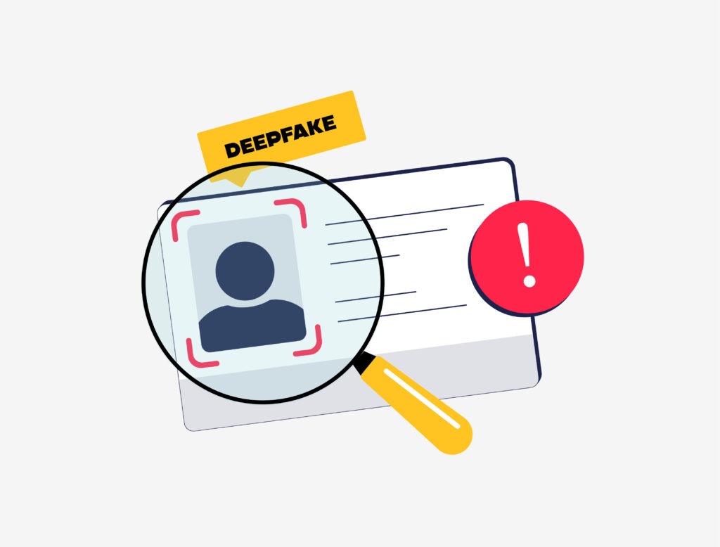 AI-generated deepfakes challenge identity checks with synthetic faces and videos. Advanced document verification and fraud id detection tactics fight fake identities vector illustration and icon
