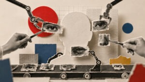 Collageartige Darstellung, in der Roboterarme und menschliche Hände einzelne Gesichtselemente zu einer künstlichen Identität zusammensetzen.