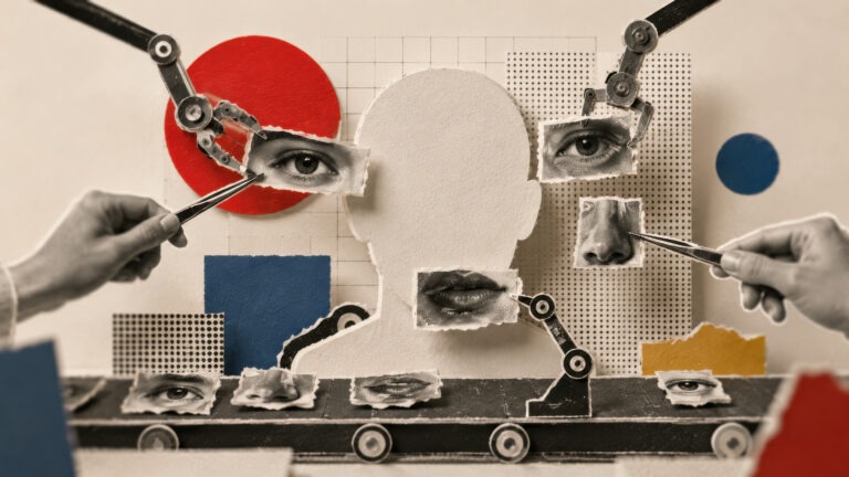 Collageartige Darstellung, in der Roboterarme und menschliche Hände einzelne Gesichtselemente zu einer künstlichen Identität zusammensetzen.