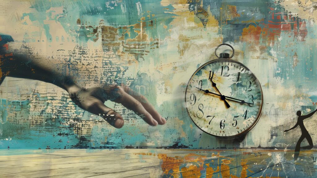 Collage of a hand with a clock and a running man.