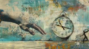 Collage of a hand with a clock and a running man.