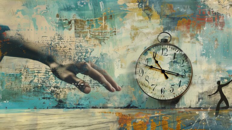 Collage of a hand with a clock and a running man.