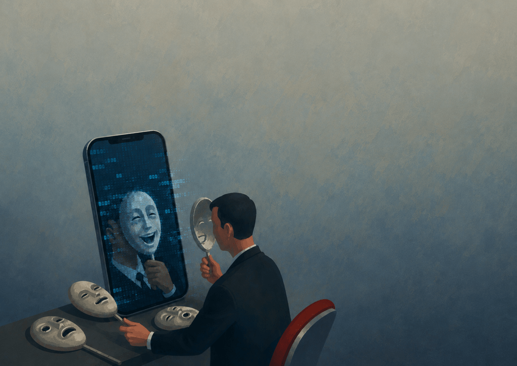 Illustration eines Mannes vor einem Smartphone, der zwischen verschiedenen Masken wählt – Symbol für digitale Identität, Täuschung und KI-generierte Identitäten.