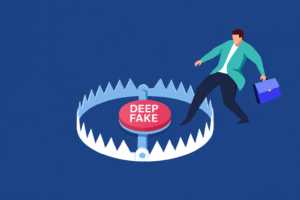 Illustration eines Geschäftsmanns, der einer mit „Deep Fake“ gekennzeichneten Falle ausweicht.