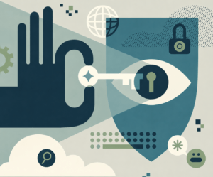Illustration zu Datensicherheit, digitaler Identität und Vertrauen mit Hand, Auge, Schlüssel und Schloss.