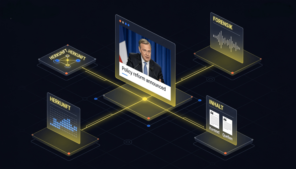 Illustration eines digitalen Prüfprozesses, bei dem Herkunft, Forensik und Inhalt eines Medienbeitrags analysiert und miteinander verknüpft werden.