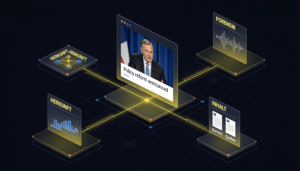Illustration eines digitalen Prüfprozesses, bei dem Herkunft, Forensik und Inhalt eines Medienbeitrags analysiert und miteinander verknüpft werden.